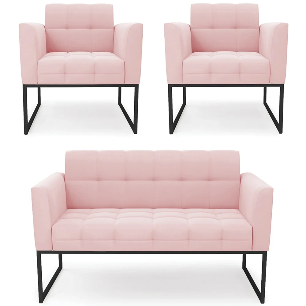 Sofá Namoradeira e 2 Poltronas Base Industrial Preto Ana Suede Rosa Bebê - Ibiza