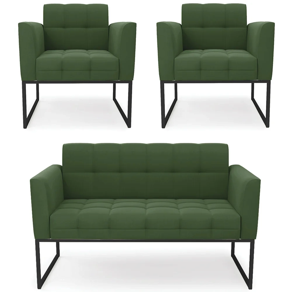 Sofá Namoradeira e 2 Poltronas Base Industrial Preto Ana Suede Verde - Ibiza