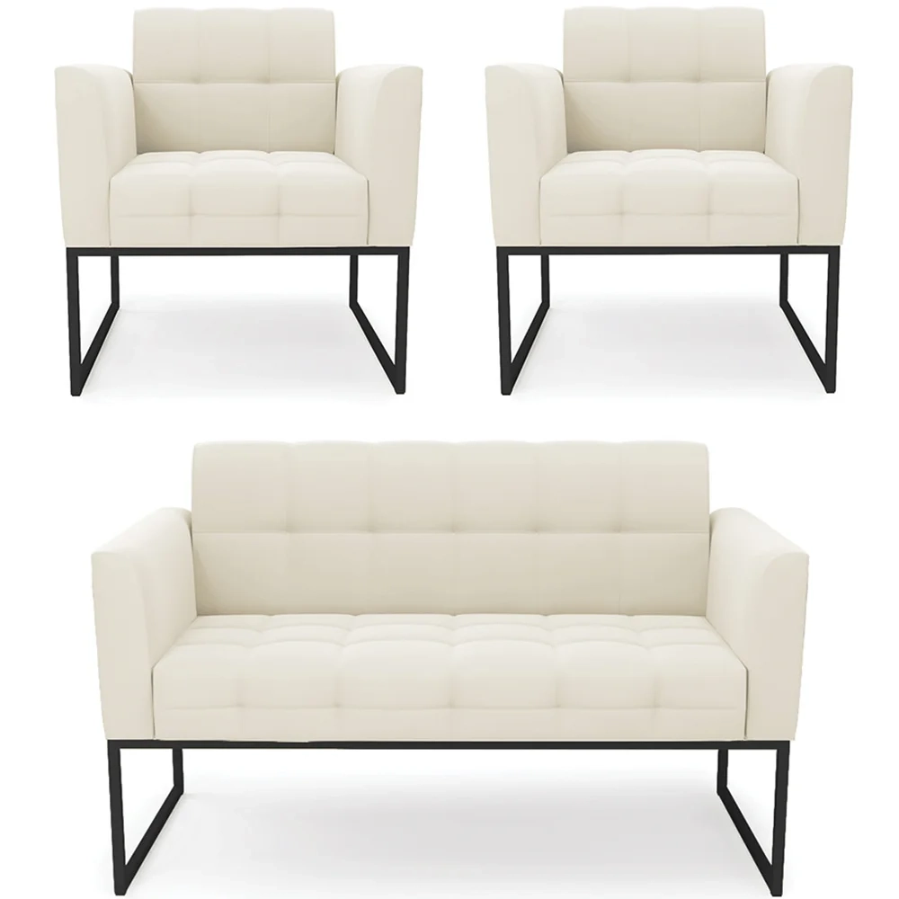 Sofá Namoradeira e 2 Poltronas Base Industrial Preto Ana Veludo Bege - Ibiza