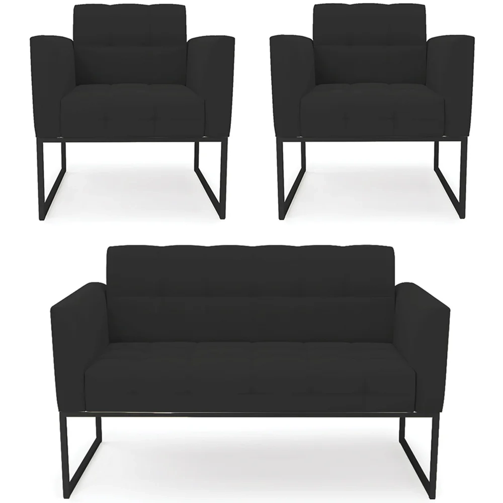 Sofá Namoradeira e 2 Poltronas Base Industrial Preto Ana Veludo Preto - Ibiza