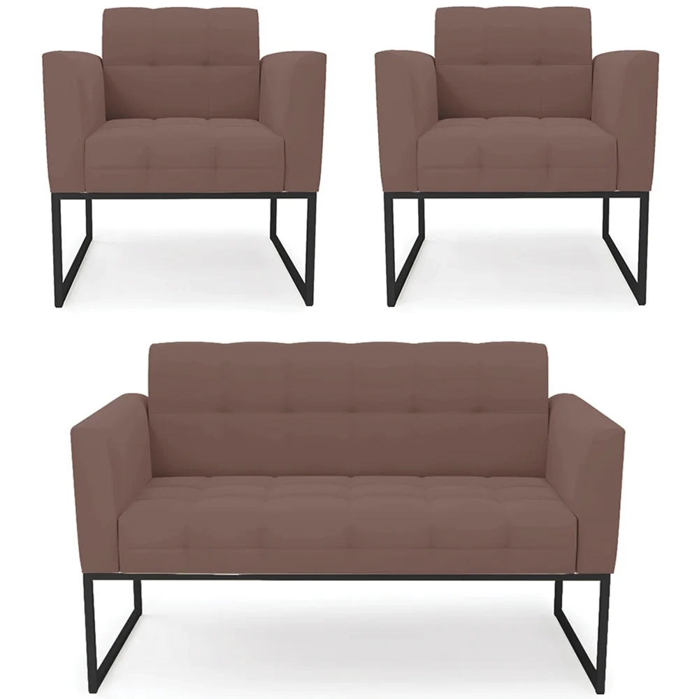 Sofá Namoradeira e 2 Poltronas Base Industrial Preto Ana Veludo Rosê - Ibiza