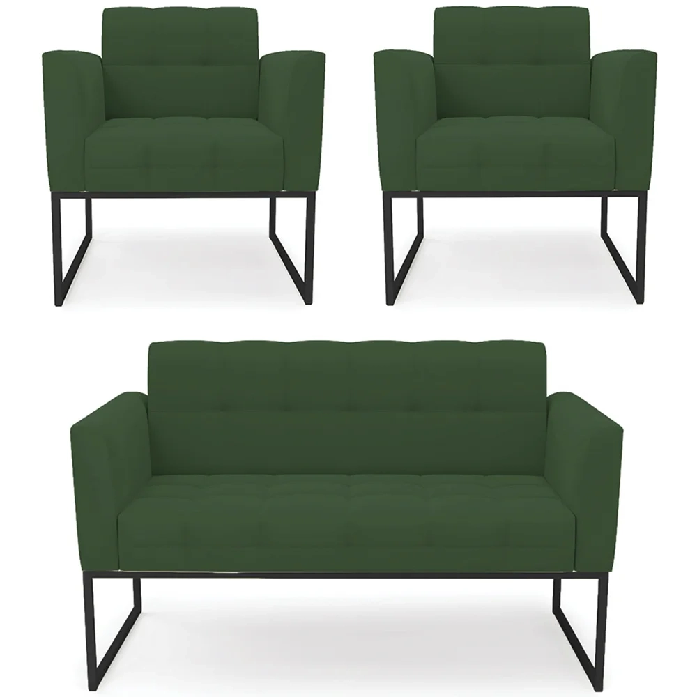 Sofá Namoradeira e 2 Poltronas Base Industrial Preto Ana Veludo Verde - Ibiza