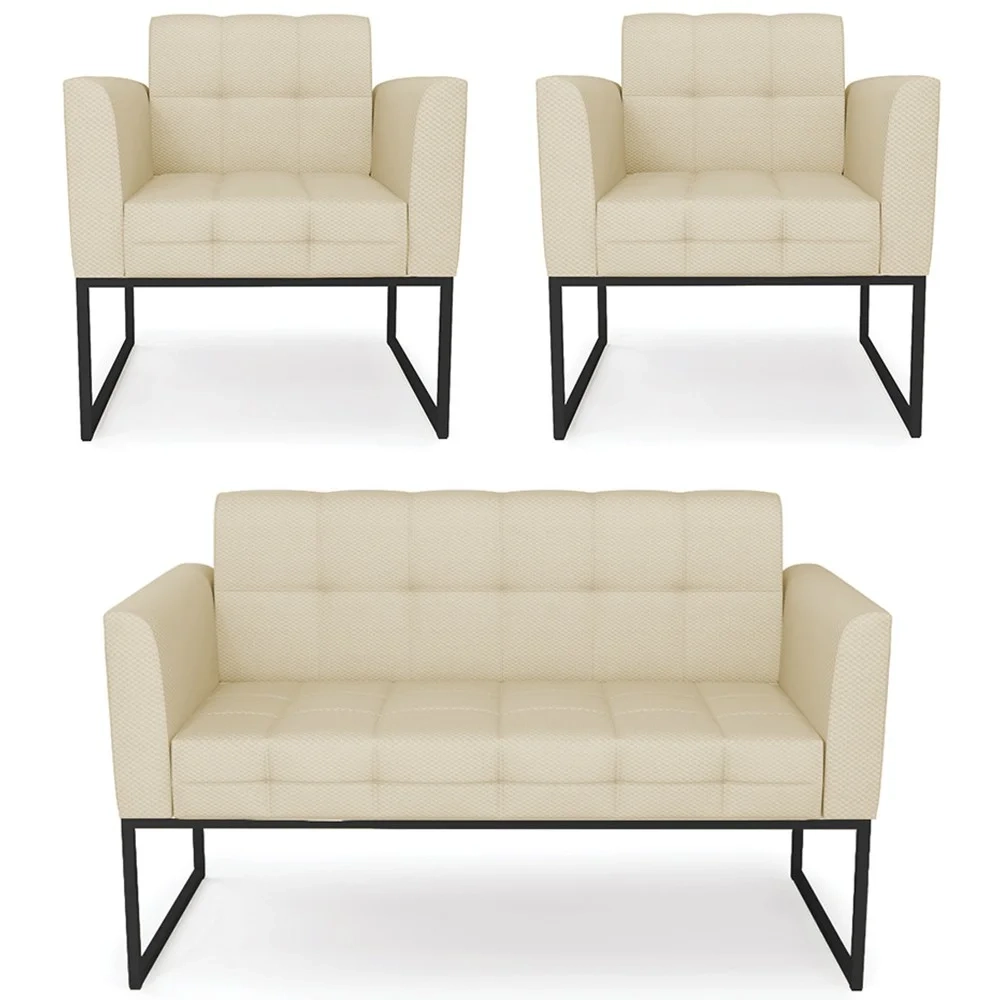 Sofá Namoradeira e 2 Poltronas Base Industrial Preto Ana Veludo Luxo Off White - Ibiza
