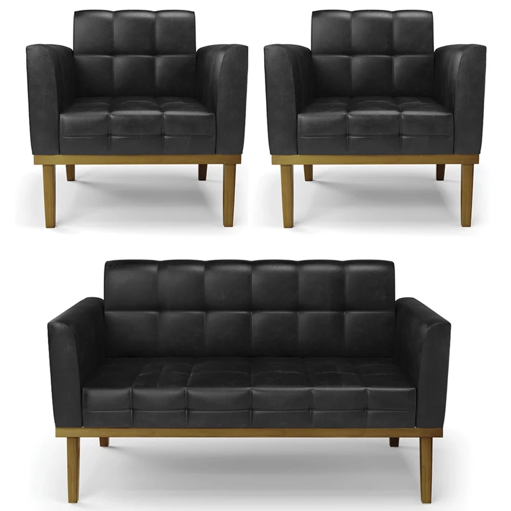 Sofá Namoradeira e 2 Poltronas Base Madeira Castanho Ana Sintético PU Preto - Ibiza