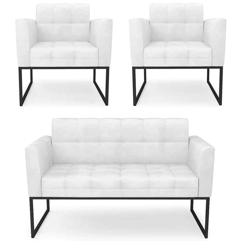 Sofá Namoradeira e 2 Poltronas Base Industrial Preto Ana Sintético PU Branco - Ibiza