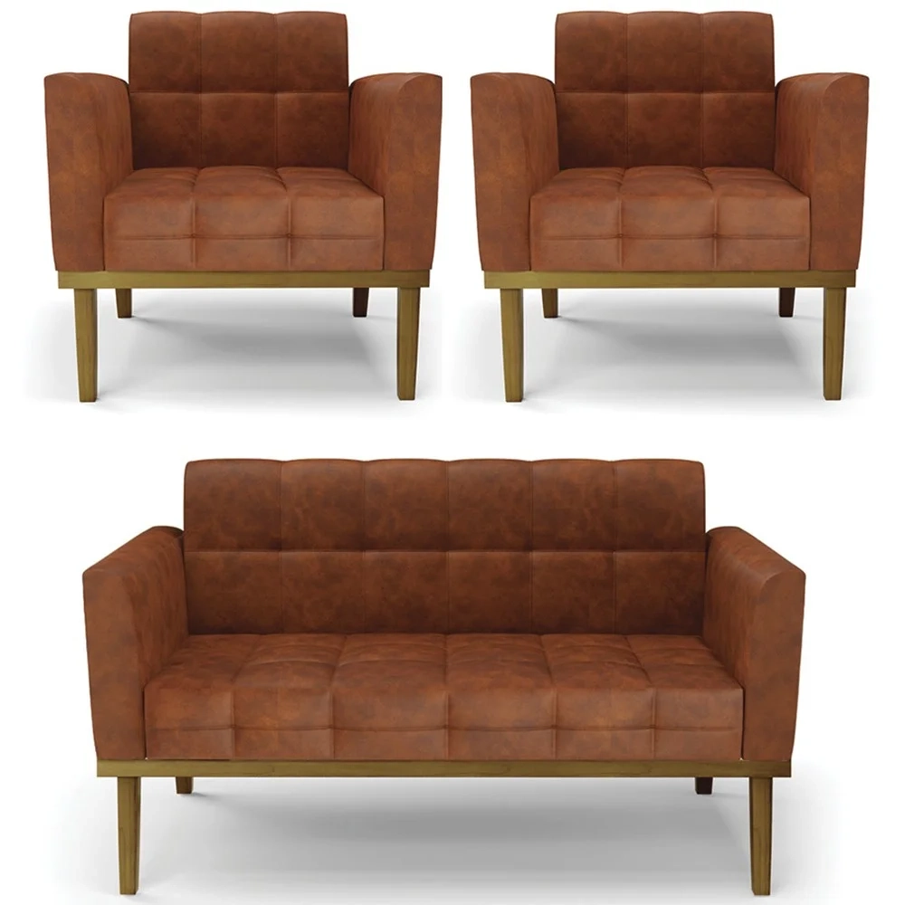 Sofá Namoradeira e 2 Poltronas Base Madeira Castanho Ana Sintético PU Nozes - Ibiza