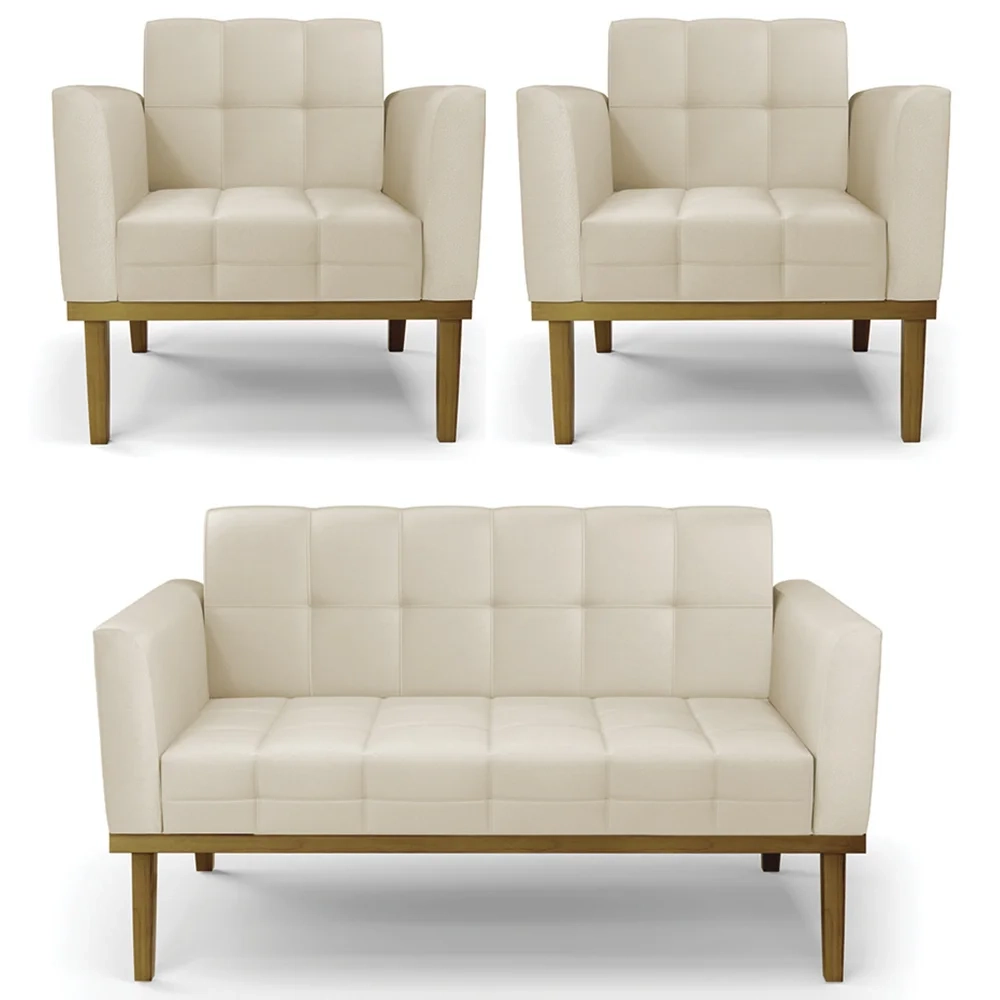 Sofá Namoradeira e 2 Poltronas Base Madeira Castanho Ana Sintético Bege - Ibiza