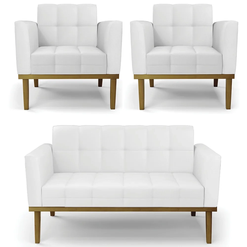 Sofá Namoradeira e 2 Poltronas Base Madeira Castanho Ana Sintético Branco - Ibiza