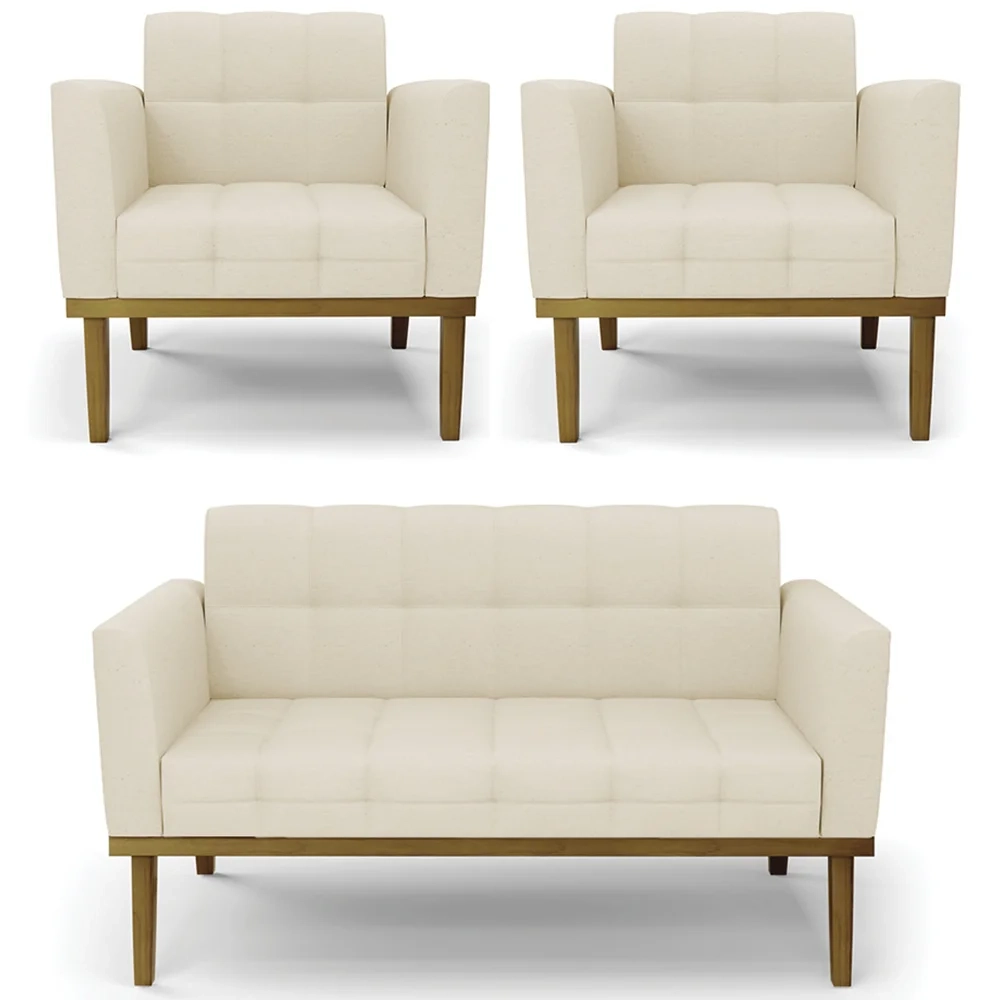 Sofá Namoradeira e 2 Poltronas Base Madeira Castanho Ana Linho Bege - Ibiza