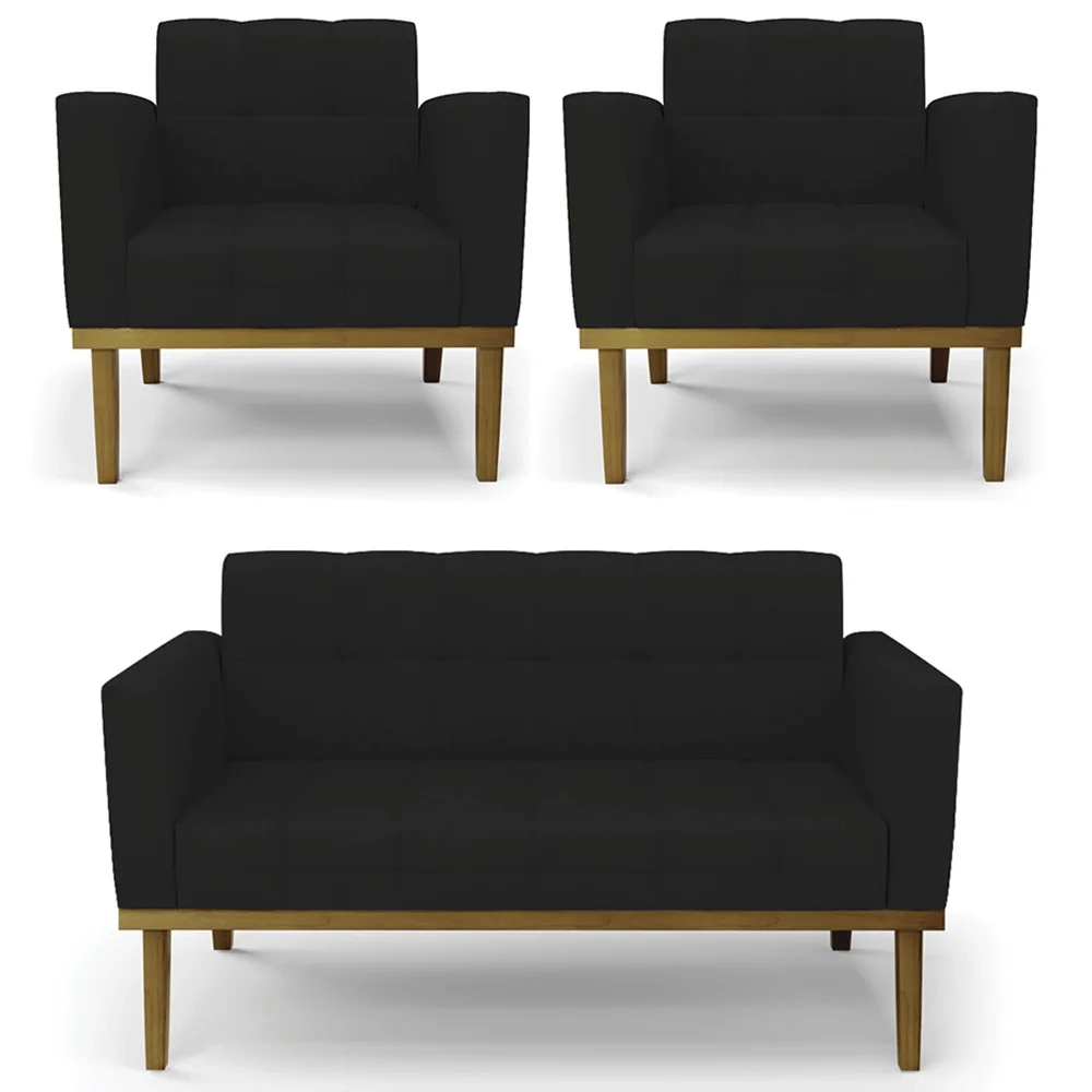 Sofá Namoradeira e 2 Poltronas Base Madeira Castanho Ana Linho Preto - Ibiza