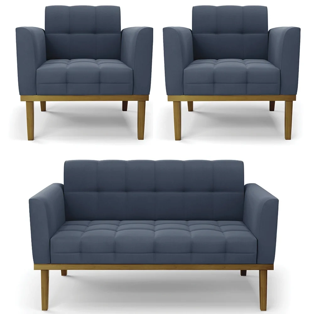 Sofá Namoradeira e 2 Poltronas Base Madeira Castanho Ana Suede Azul Marinho - Ibiza