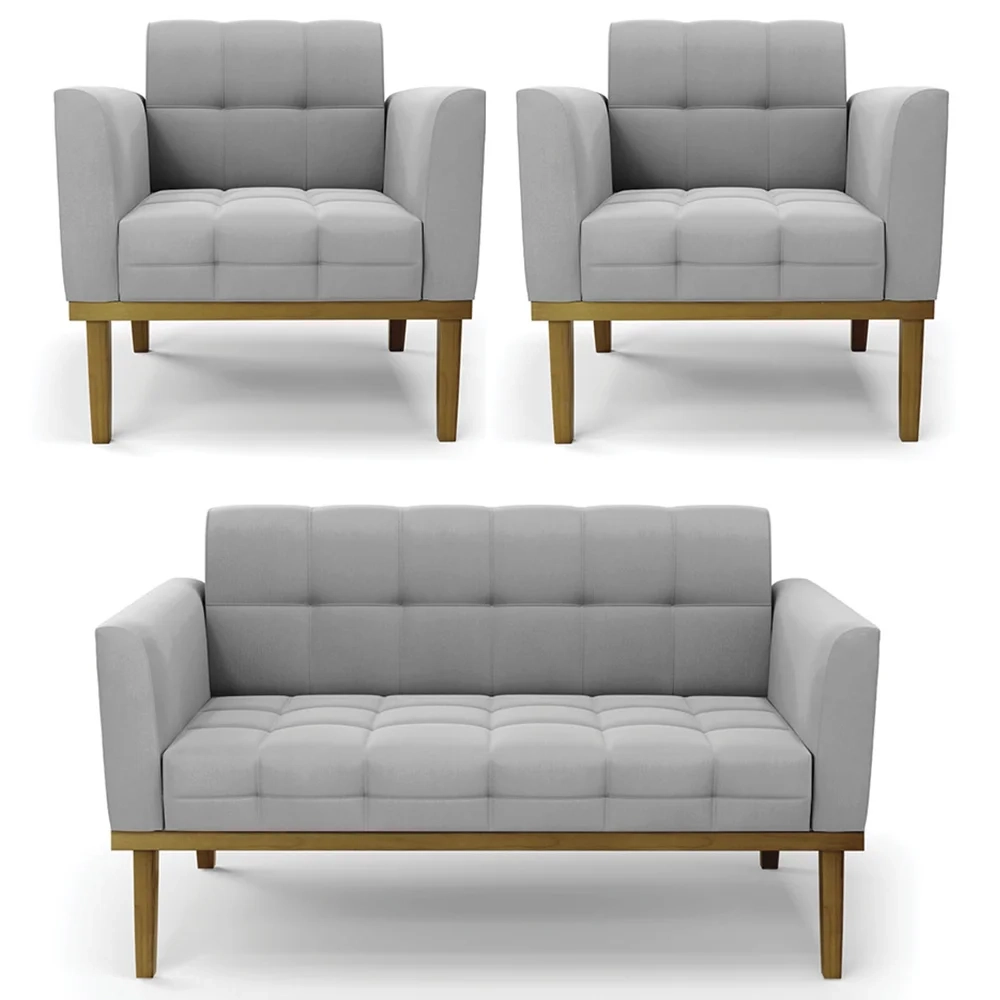 Sofá Namoradeira e 2 Poltronas Base Madeira Castanho Ana Suede Cinza - Ibiza