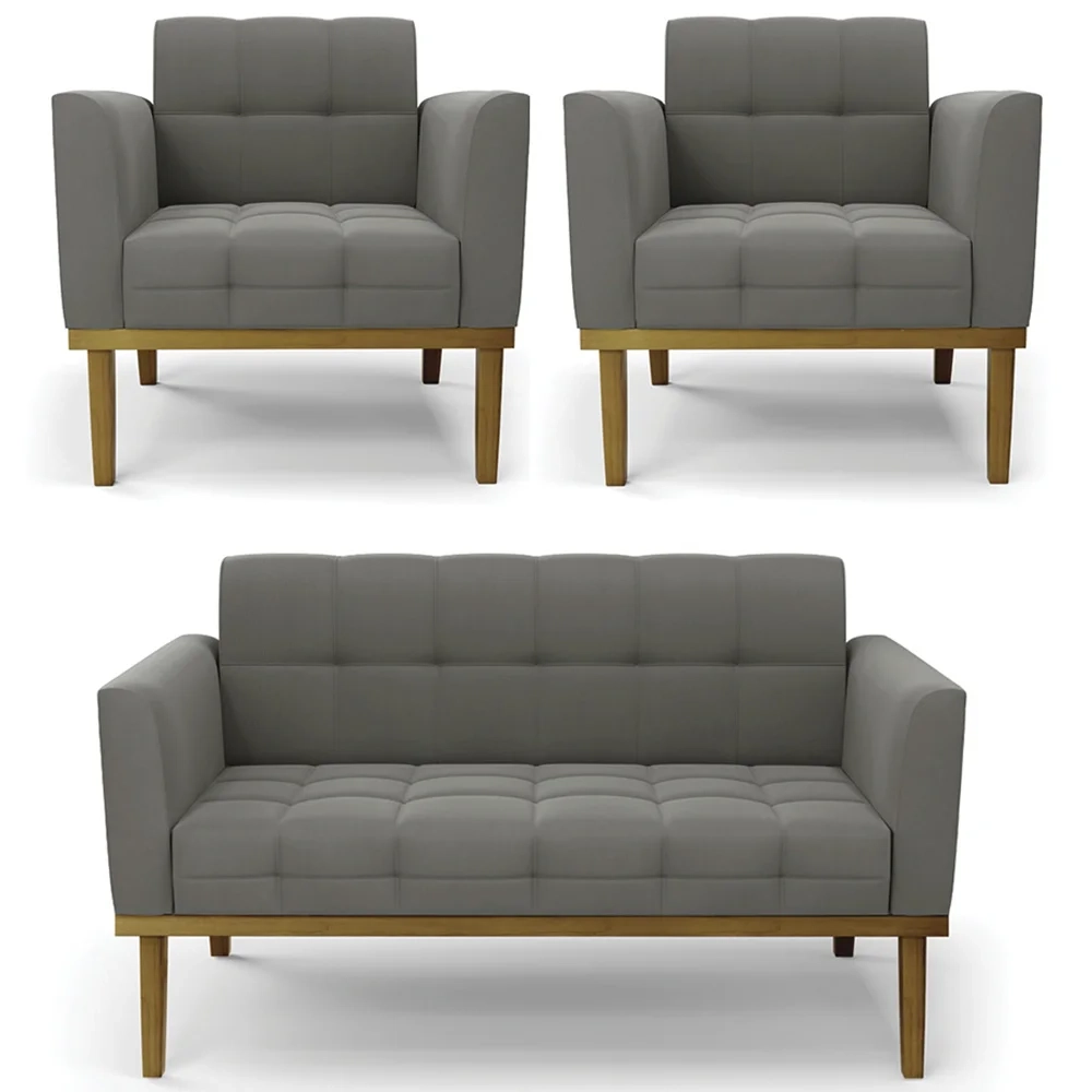 Sofá Namoradeira e 2 Poltronas Base Madeira Castanho Ana Suede Grafite - Ibiza