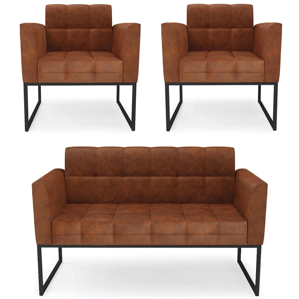 Sofá Namoradeira e 2 Poltronas Base Industrial Preto Ana Sintético PU Nozes - Ibiza