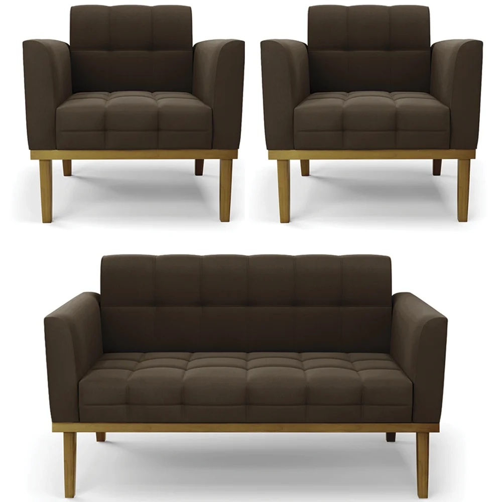 Sofá Namoradeira e 2 Poltronas Base Madeira Castanho Ana Suede Marrom - Ibiza