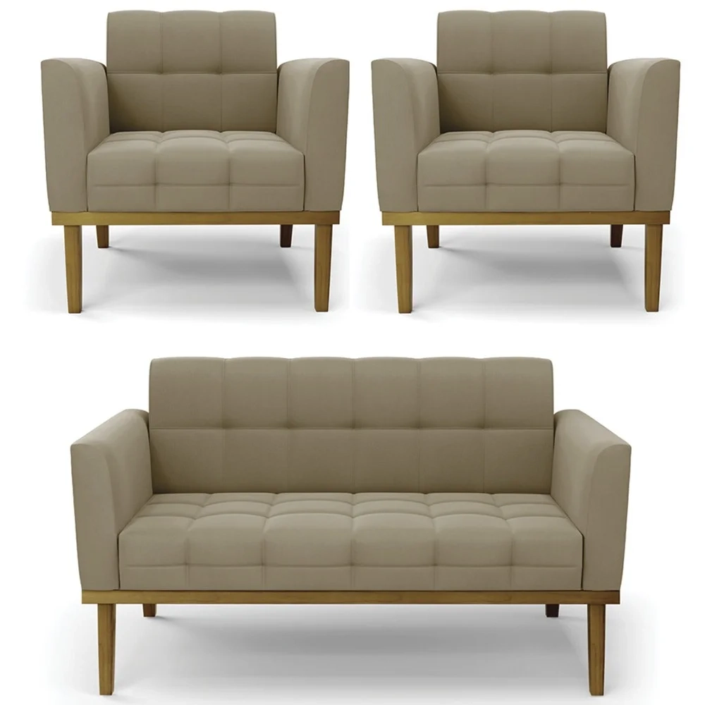 Sofá Namoradeira e 2 Poltronas Base Madeira Castanho Ana Suede Marrom RT - Ibiza