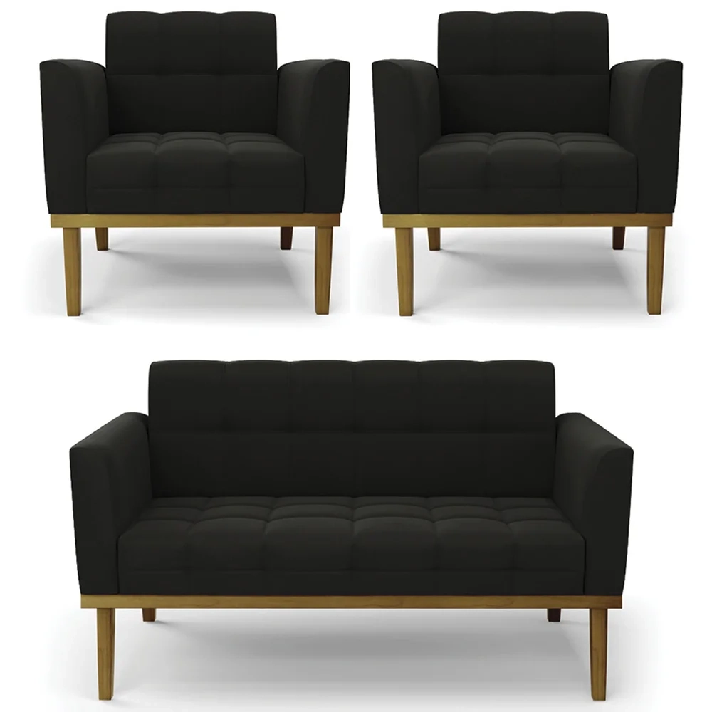 Sofá Namoradeira e 2 Poltronas Base Madeira Castanho Ana Suede Preto - Ibiza
