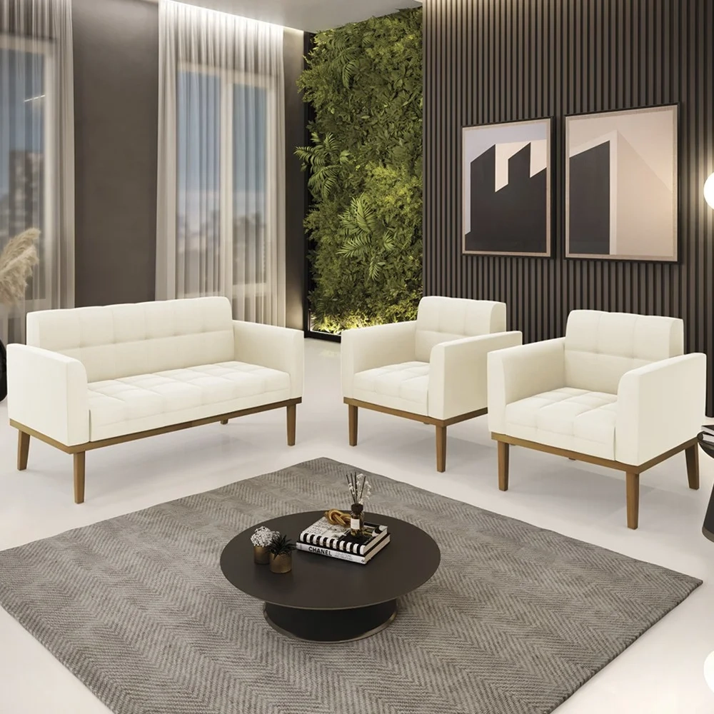 Sofá Namoradeira e 2 Poltronas Base Madeira Castanho Ana Veludo Bege - Ibiza