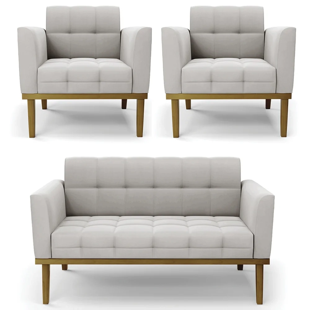 Sofá Namoradeira e 2 Poltronas Base Madeira Castanho Ana Veludo Cinza - Ibiza