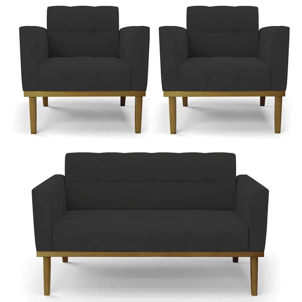 Sofá Namoradeira e 2 Poltronas Base Madeira Castanho Ana Veludo Preto - Ibiza