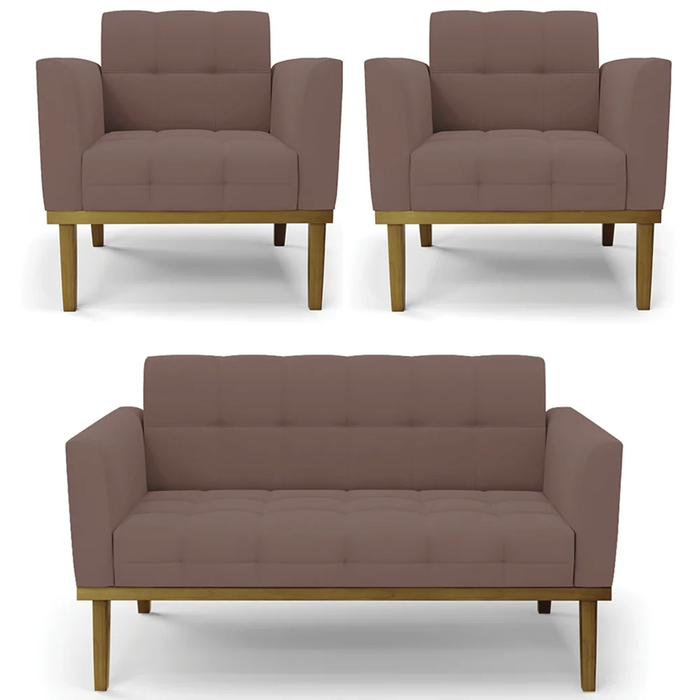 Sofá Namoradeira e 2 Poltronas Base Madeira Castanho Ana Veludo Rosê - Ibiza
