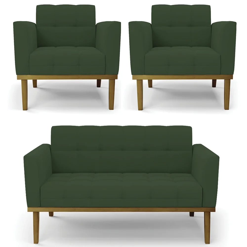 Sofá Namoradeira e 2 Poltronas Base Madeira Castanho Ana Veludo Verde - Ibiza