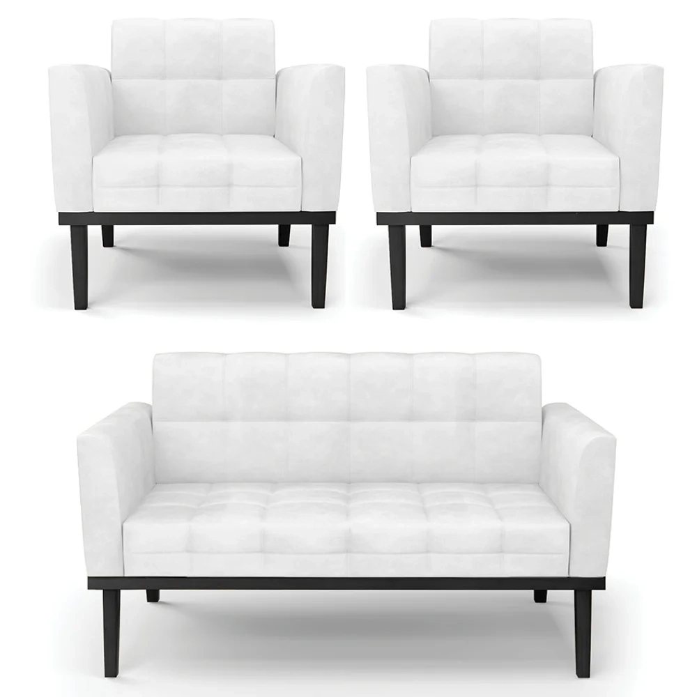Sofá Namoradeira e 2 Poltronas Base Madeira Preto Ana Sintético PU Branco - Ibiza