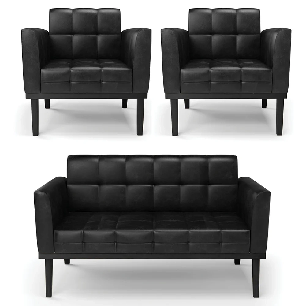 Sofá Namoradeira e 2 Poltronas Base Madeira Preto Ana Sintético PU Preto - Ibiza