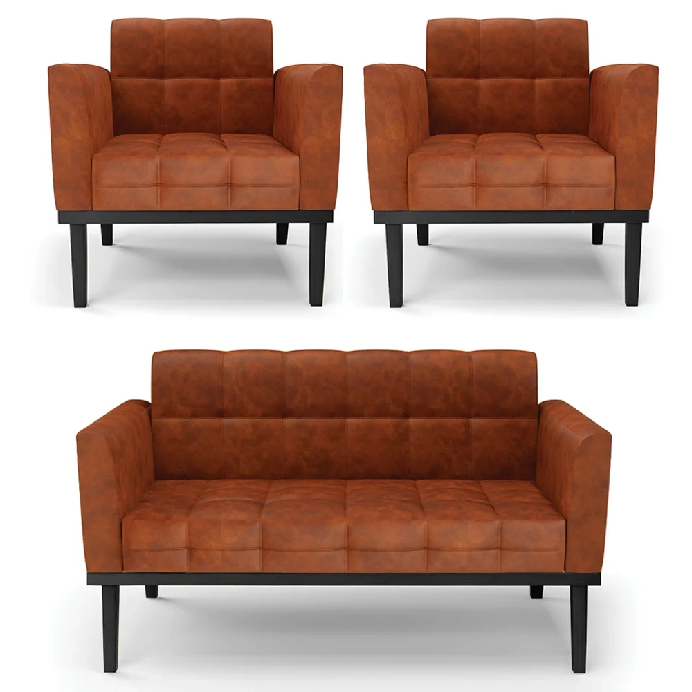 Sofá Namoradeira e 2 Poltronas Base Madeira Preto Ana Sintético PU Nozes - Ibiza