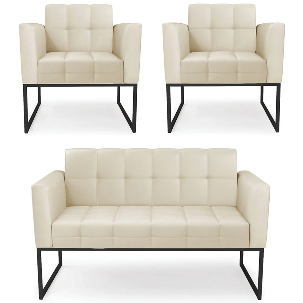 Sofá Namoradeira e 2 Poltronas Base Industrial Preto Ana Sintético Bege - Ibiza