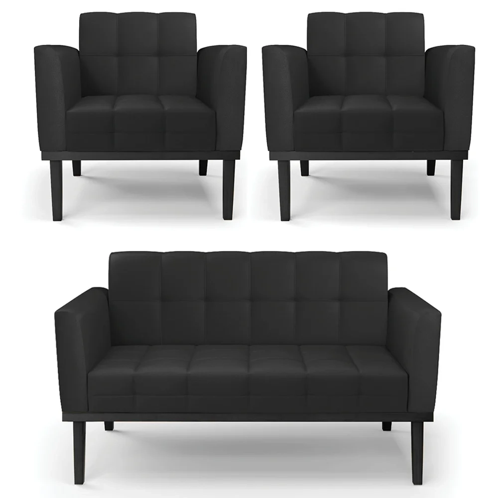 Sofá Namoradeira e 2 Poltronas Base Madeira Preto Ana Sintético Preto - Ibiza
