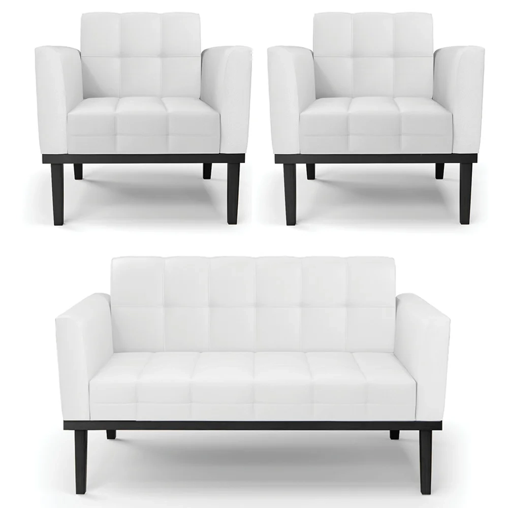 Sofá Namoradeira e 2 Poltronas Base Madeira Preto Ana Sintético Branco - Ibiza