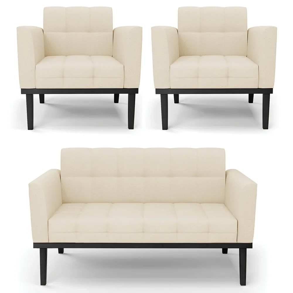 Sofá Namoradeira e 2 Poltronas Base Madeira Preto Ana Linho Bege - Ibiza