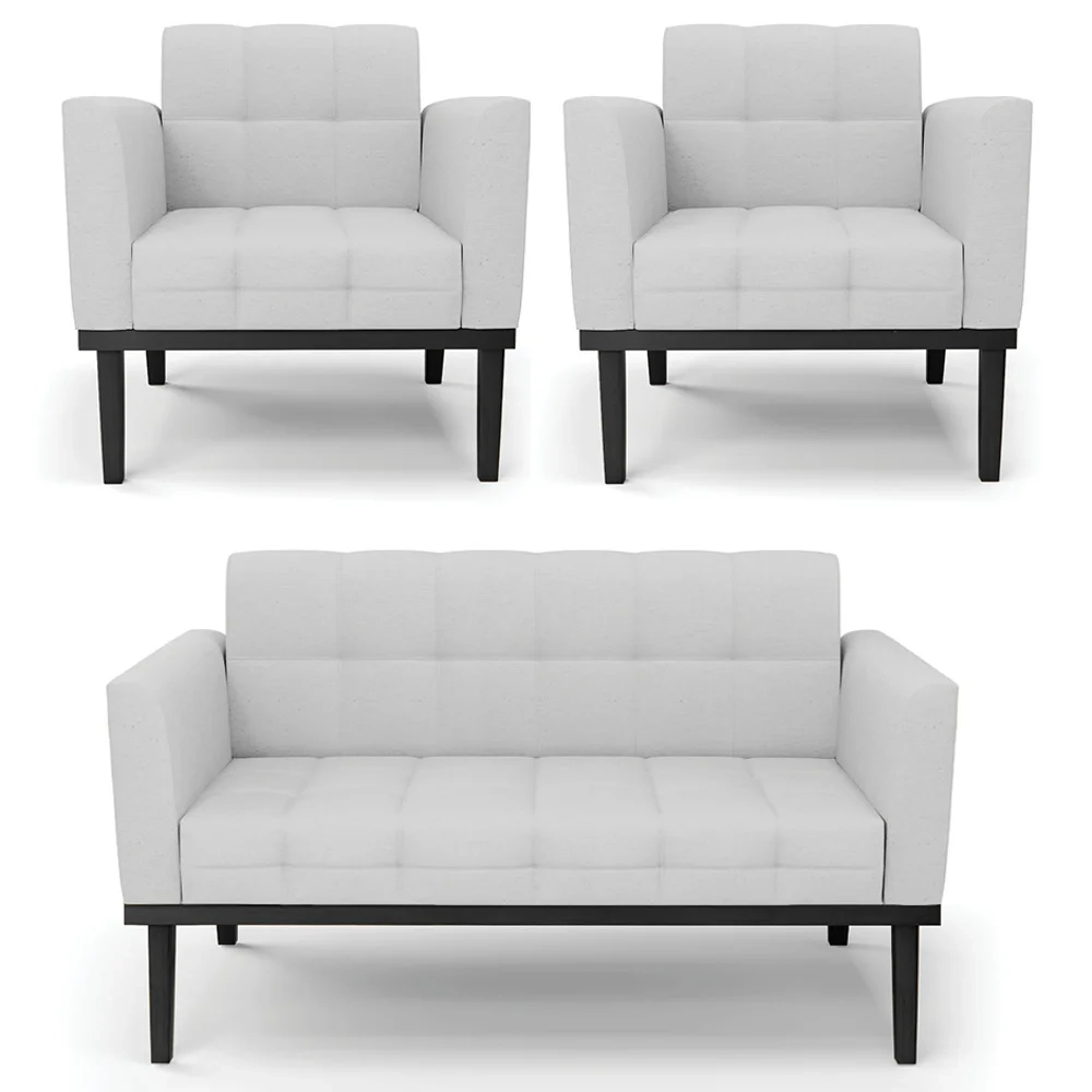 Sofá Namoradeira e 2 Poltronas Base Madeira Preto Ana Linho Cinza - Ibiza