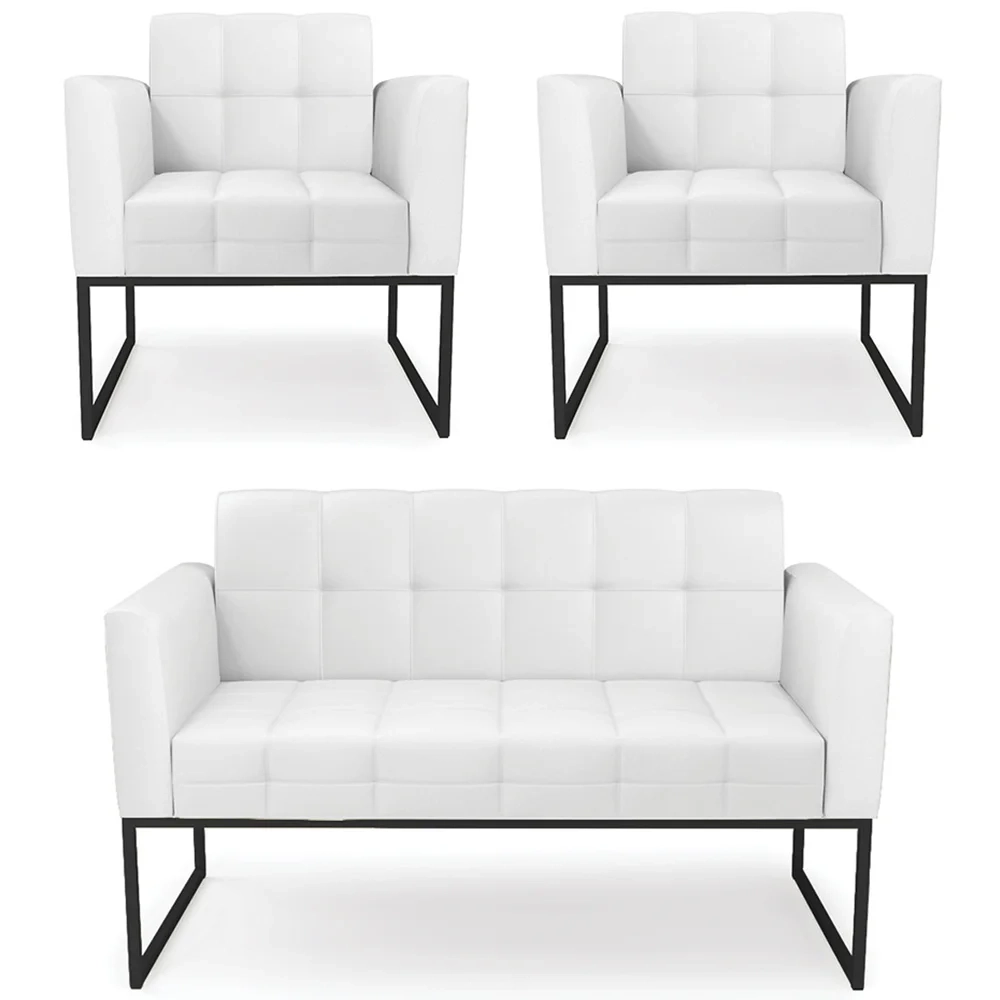 Sofá Namoradeira e 2 Poltronas Base Industrial Preto Ana Sintético Branco - Ibiza