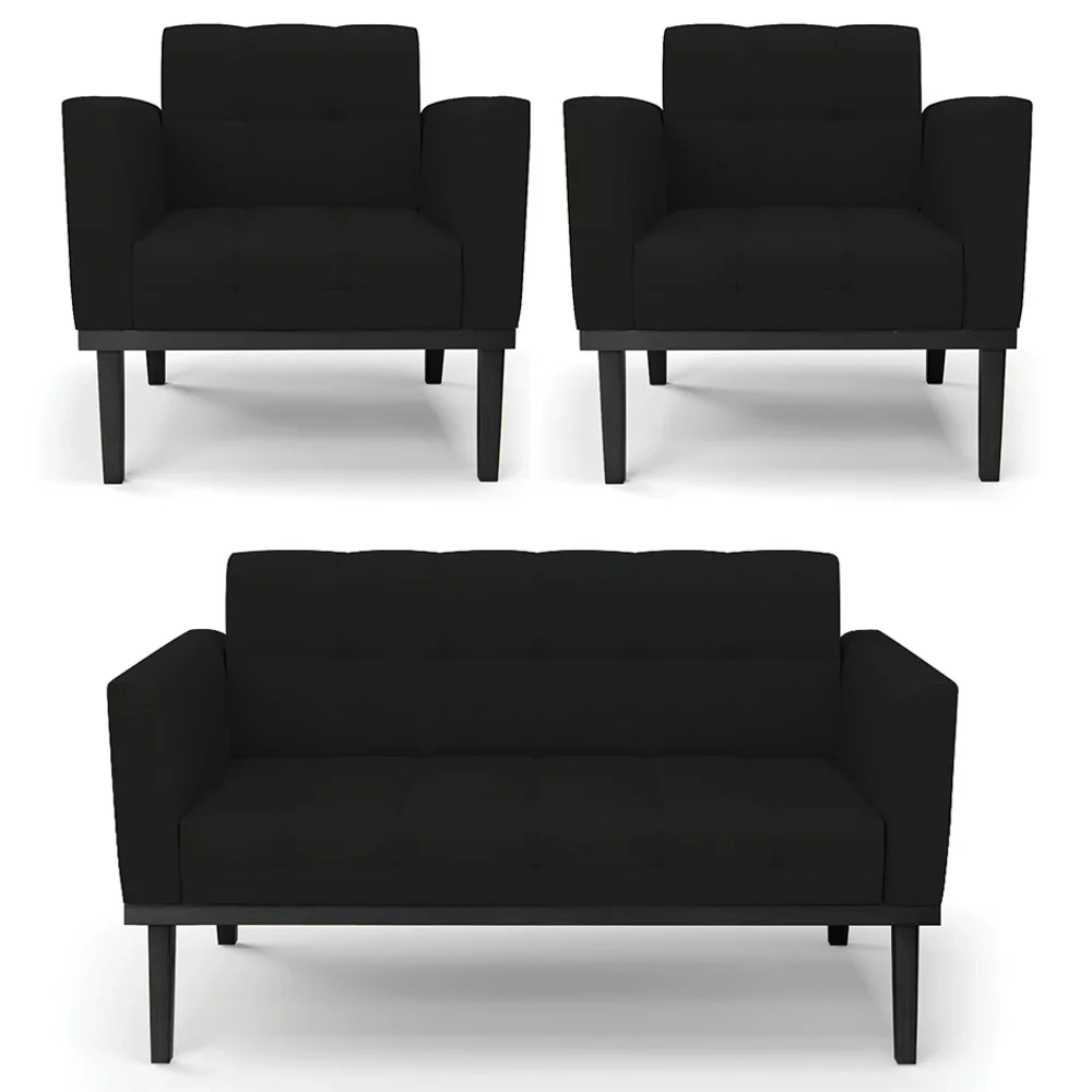 Sofá Namoradeira e 2 Poltronas Base Madeira Preto Ana Linho Preto - Ibiza