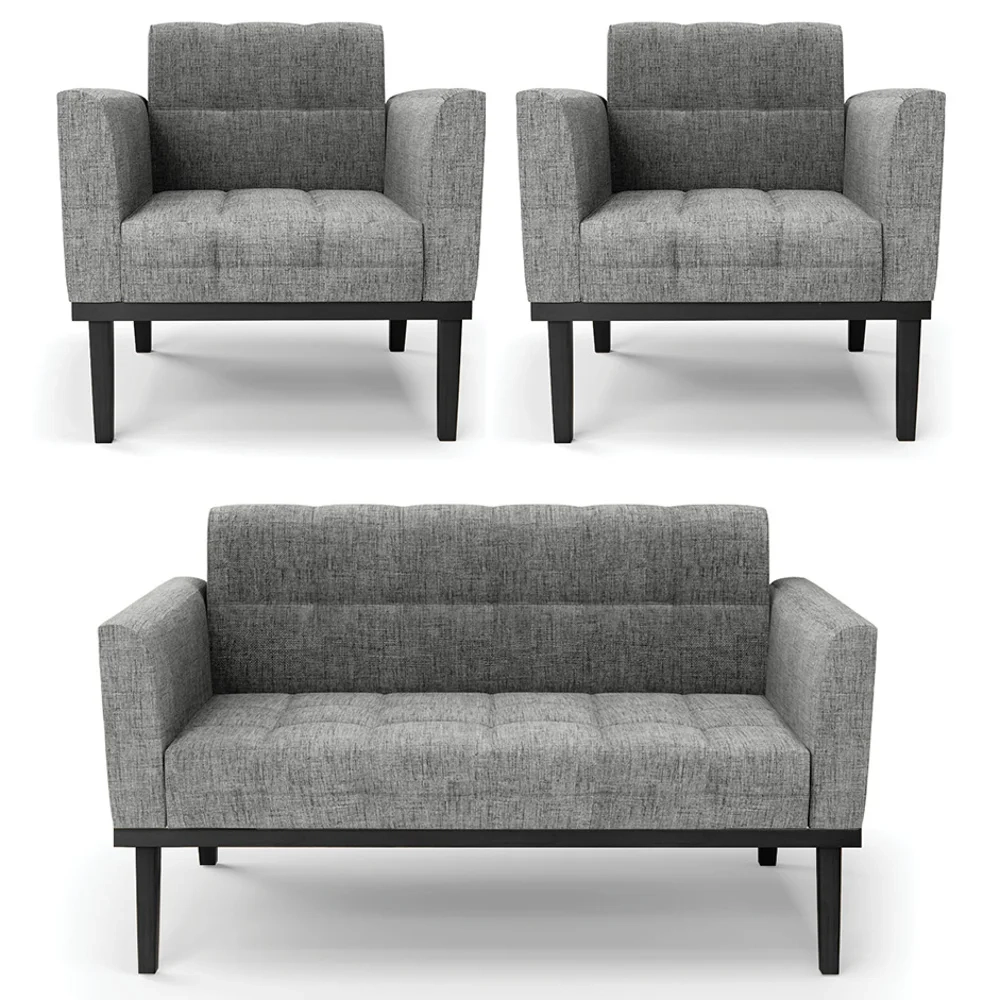 Sofá Namoradeira e 2 Poltronas Base Madeira Preto Ana Linho Grafite - Ibiza