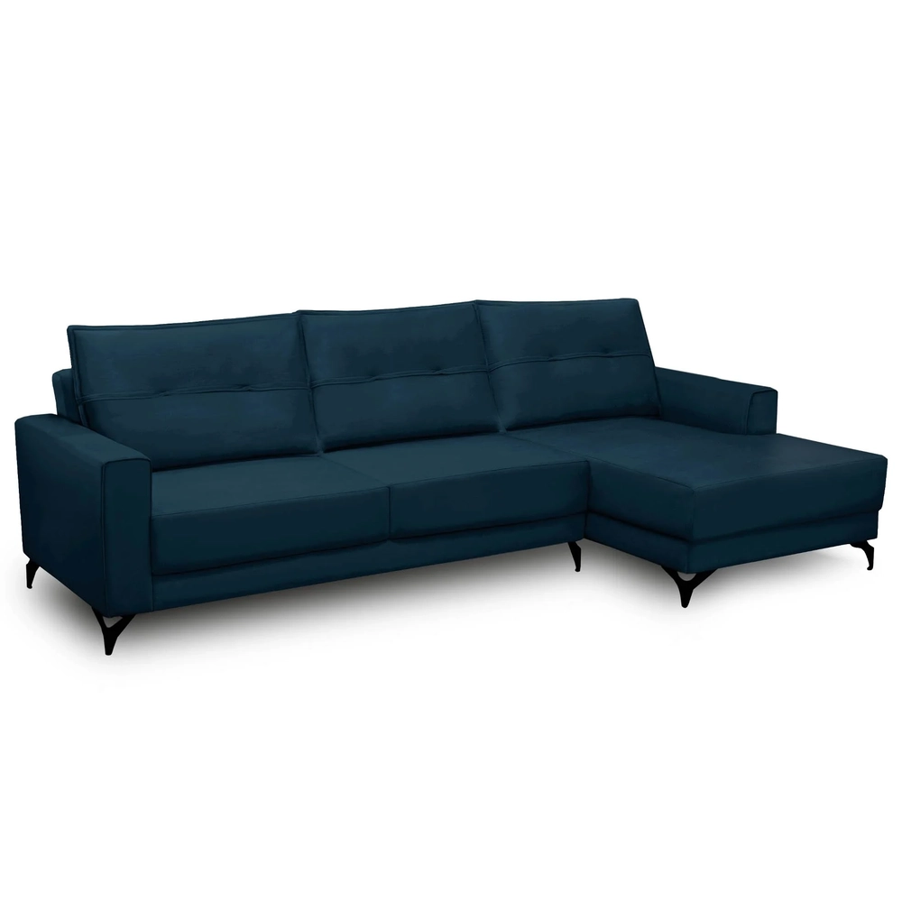 Sofá 4 Lugares com Chaise Direito 265cm Soreh F05 Veludo Azul - Mpozenato
