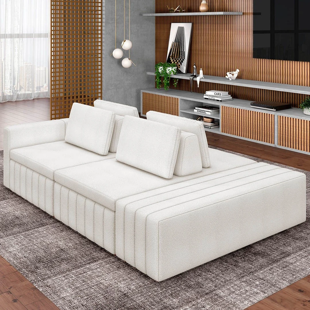 Sofá Ilha e Puff Sala Living 245cm Siesta Z32 Boucle Bege Claro - Mpozenato