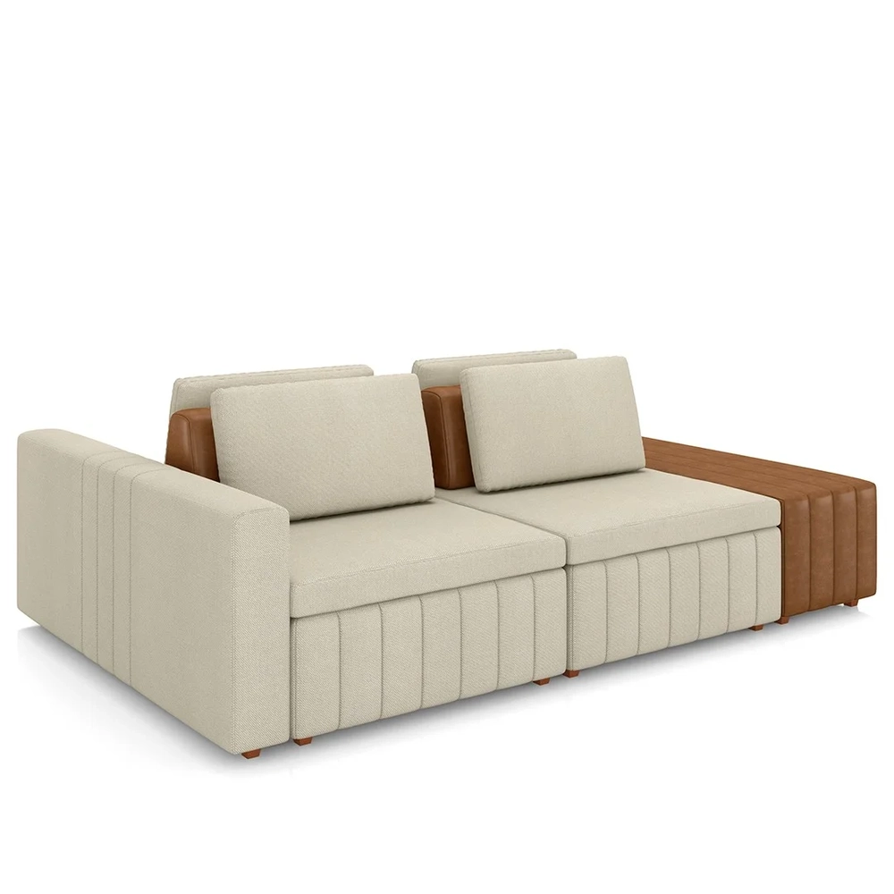 Sofá Ilha e Puff Sala Living 245cm Siesta Z32 Linho Cru/Marrom - Mpozenato