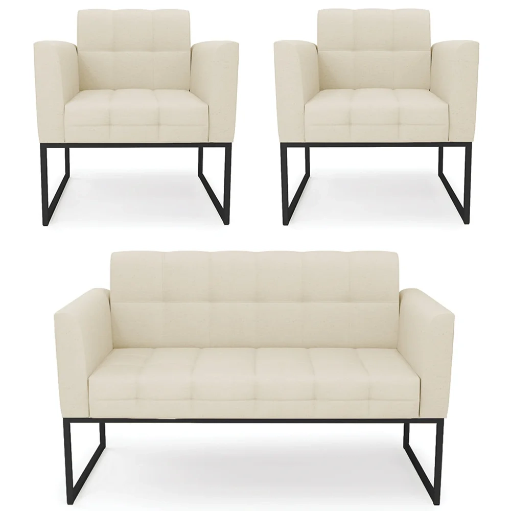 Sofá Namoradeira e 2 Poltronas Base Industrial Preto Ana Linho Bege - Ibiza