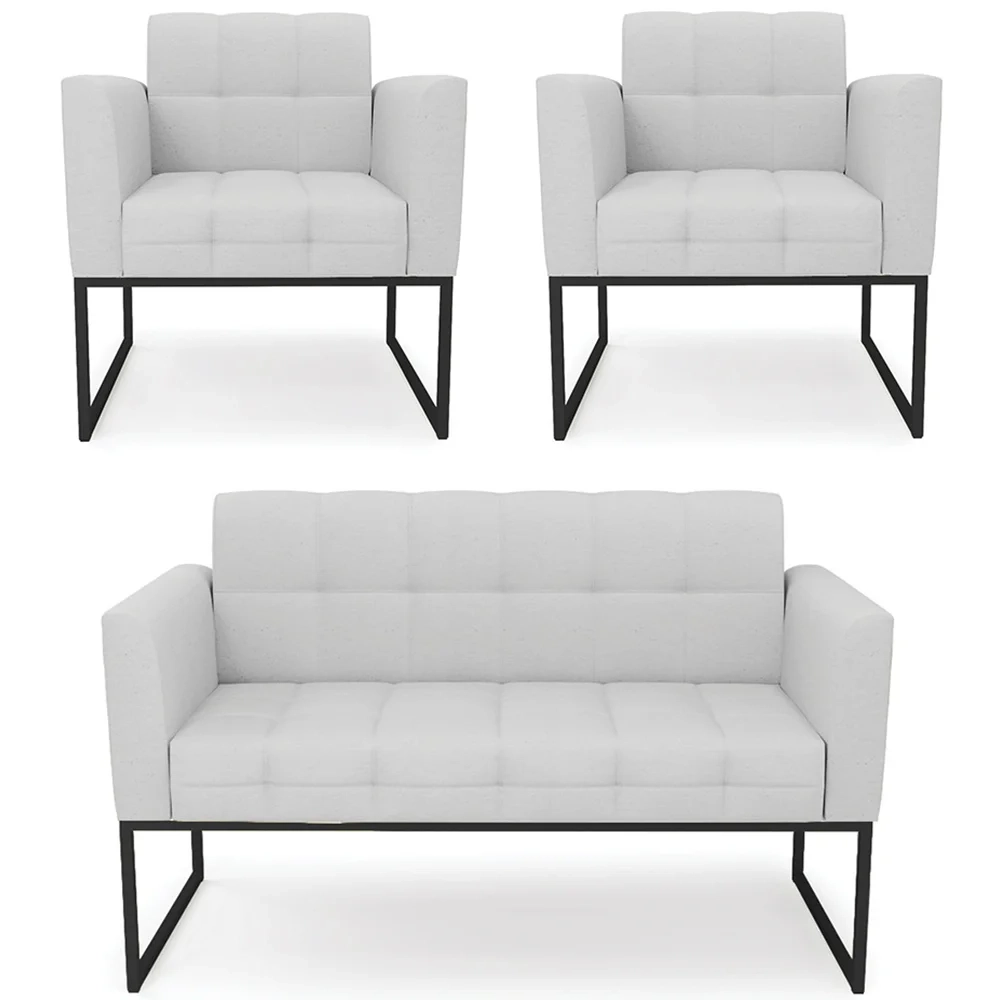 Sofá Namoradeira e 2 Poltronas Base Industrial Preto Ana Linho Cinza - Ibiza