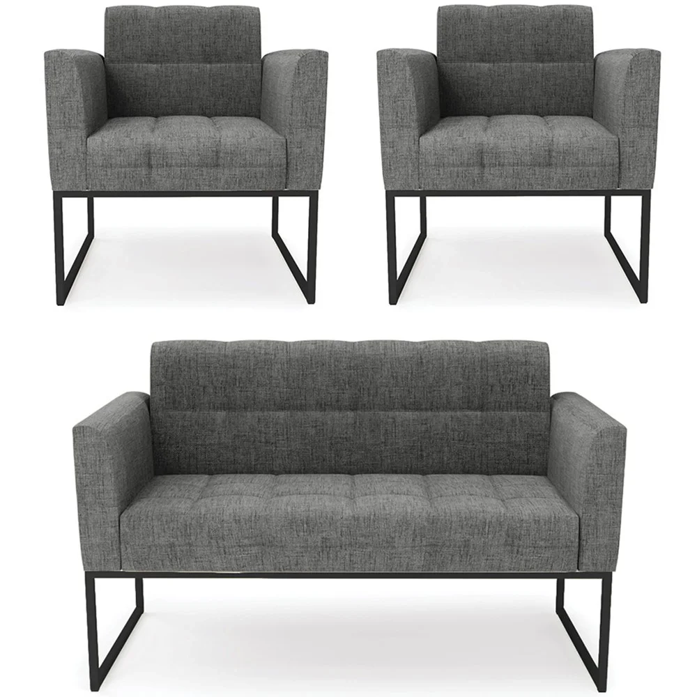 Sofá Namoradeira e 2 Poltronas Base Industrial Preto Ana Linho Grafite - Ibiza