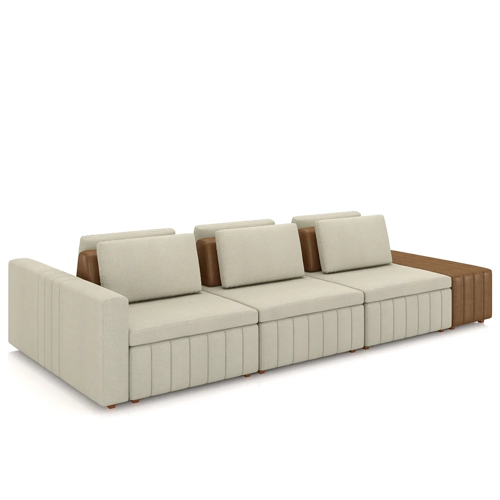 Sofá Ilha e Puff Sala Living 365cm Siesta Z32 Linho Areia/Marrom - Mpozenato