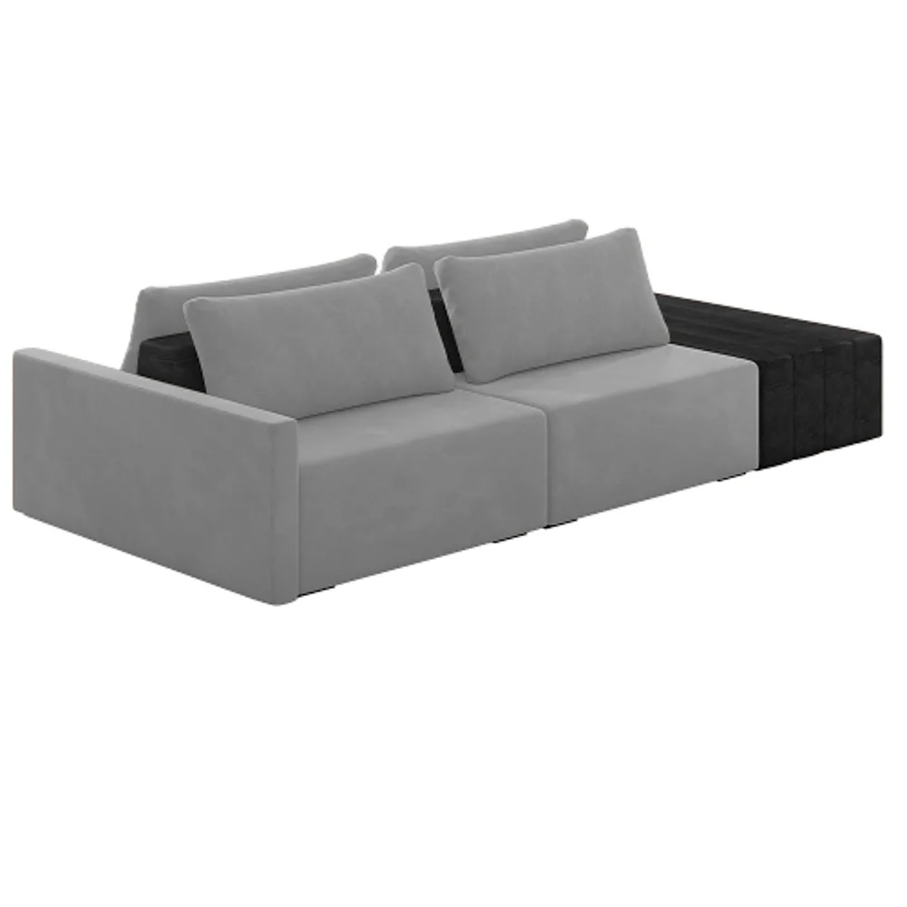 Sofá Ilha Modular Living com Puff 232cm Georgia Z08 Veludo Cinza/Preto - Mpozenato