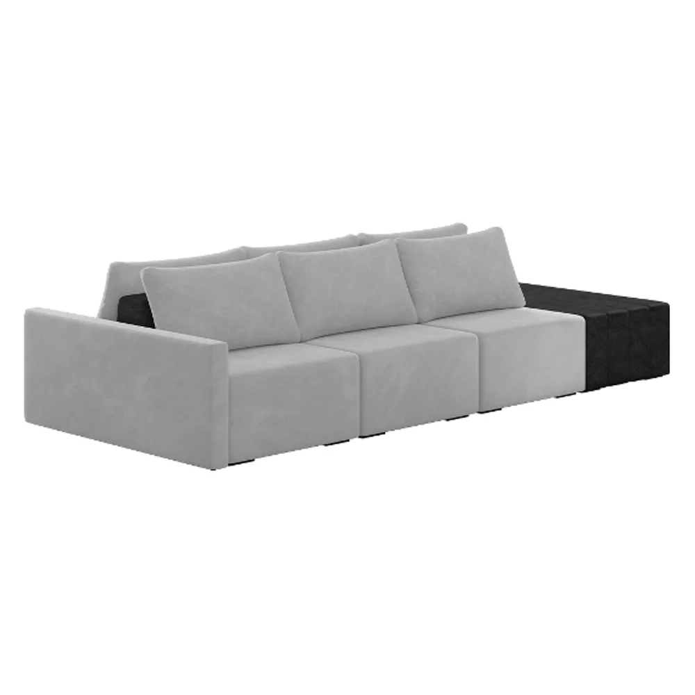 Sofá Ilha Modular Living com Puff 342cm Georgia Z08 Veludo Cinza/Preto - Mpozenato