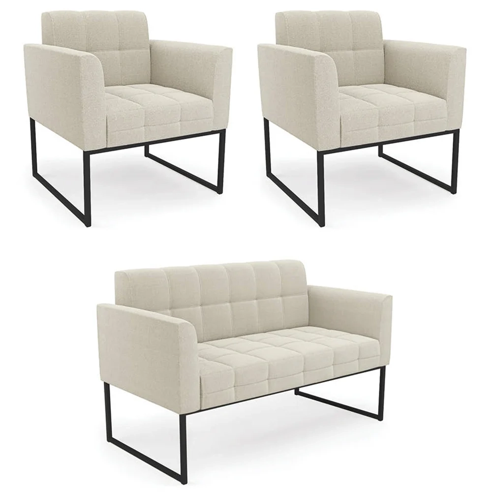 Namoradeira e 2 Poltronas Industrial Preto Ana Boucle Bege - Ibiza