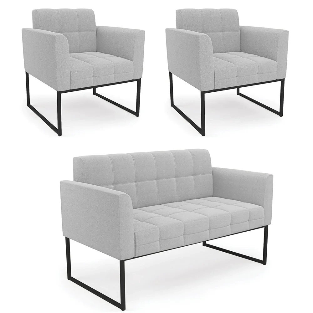 Namoradeira e 2 Poltronas Industrial Preto Ana Boucle Cinza - Ibiza