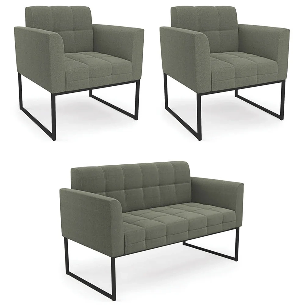 Namoradeira e 2 Poltronas Industrial Preto Ana Boucle Menta - Ibiza