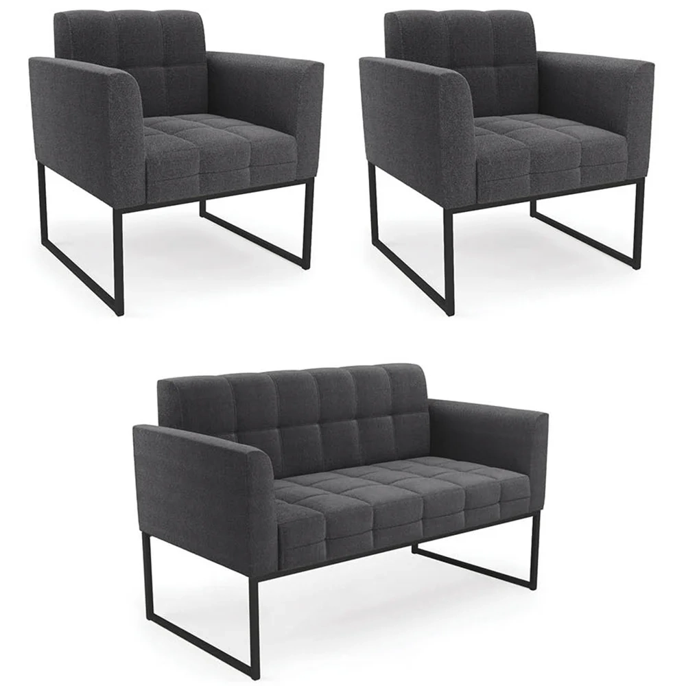 Namoradeira e 2 Poltronas Industrial Preto Ana Boucle Grafite - Ibiza